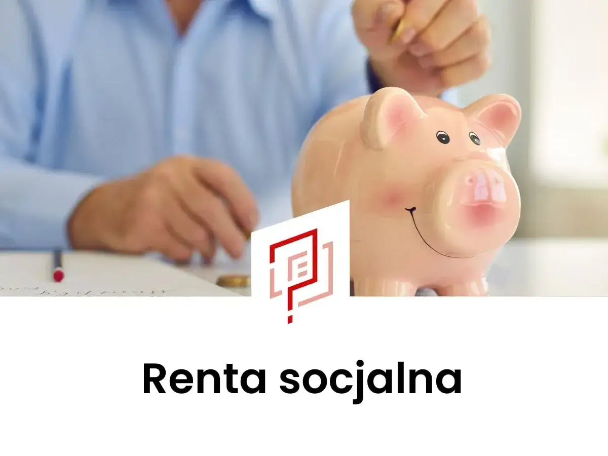 Ręka wrzuca monetę do świnki skarbonki. Temat: renta socjalna.