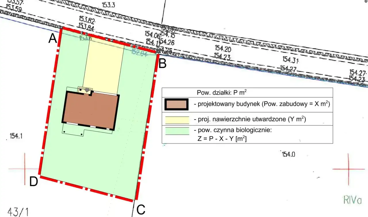 Plan działki z zaznaczonym projektowanym budynkiem i jego powierzchnią zabudowy. Określa warunki zabudowy.