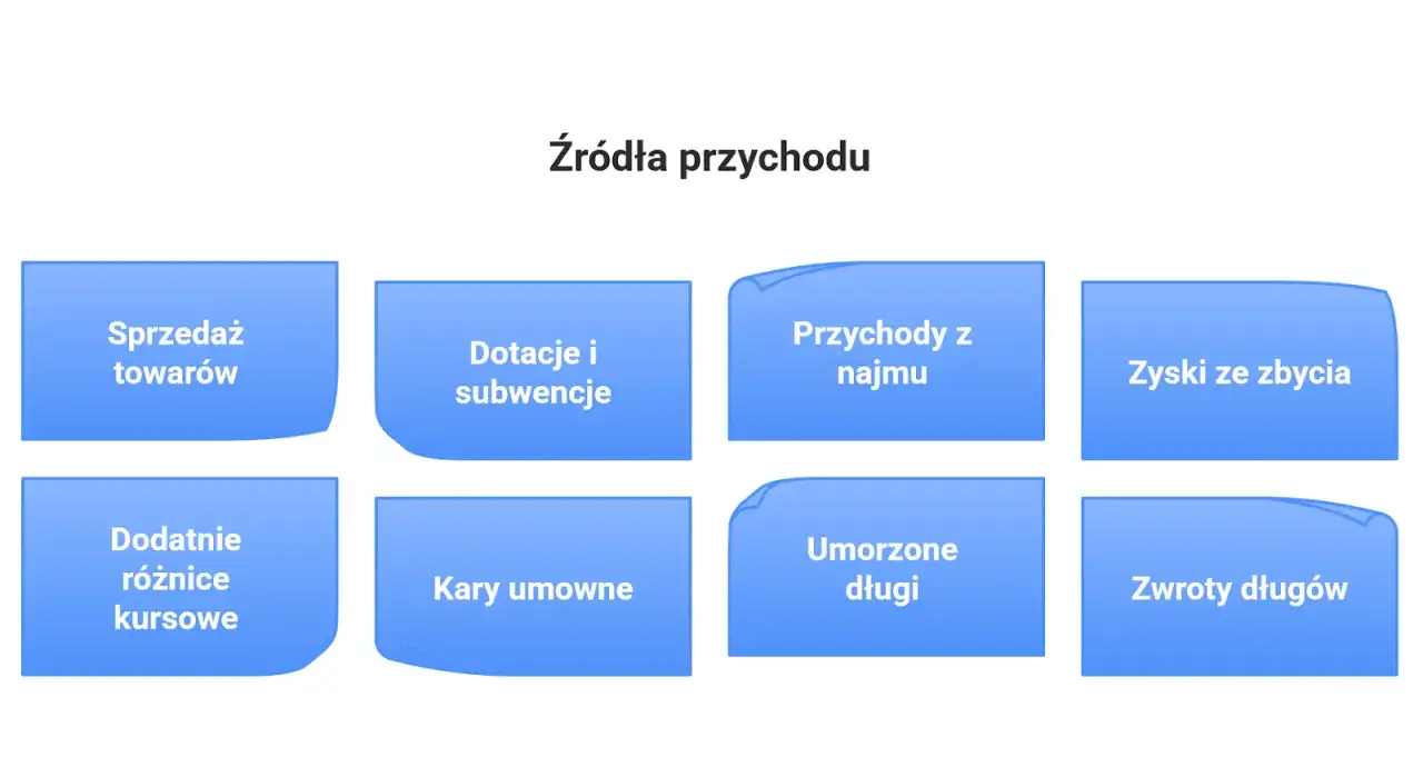 Różne źródła przychodu: sprzedaż towarów, dotacje, najem, zyski ze zbycia, kary, umorzone długi i zwroty długów.