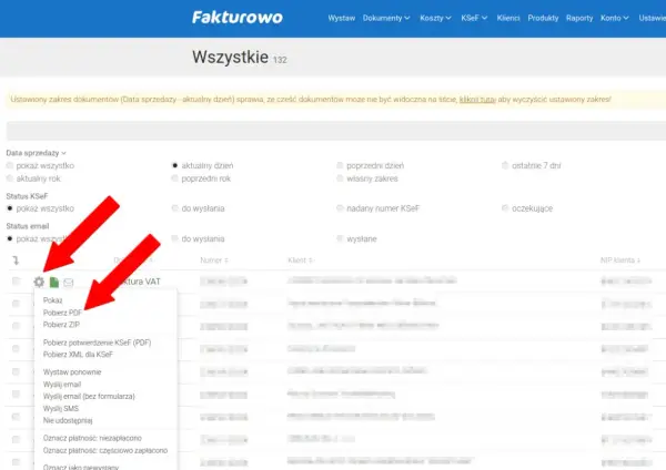 Menu "Pobierz PDF" pozwala uzyskać duplikat faktury.