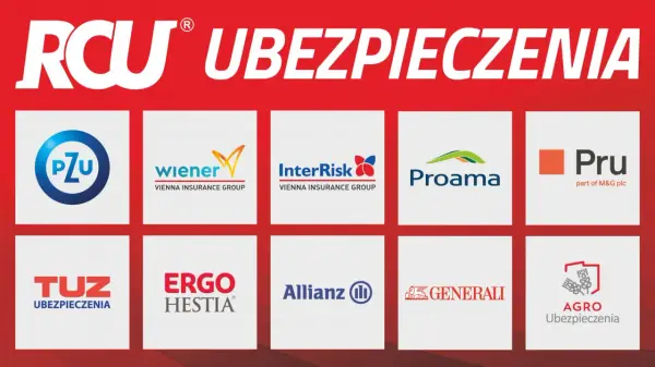 Loga firm ubezpieczeniowych: PZU, Wiener, InterRisk, Proama, Pru, TUZ, Ergo Hestia, Allianz, Generali, Agro Ubezpieczenia.