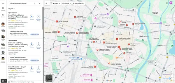 Mapa Poznania z zaznaczonymi doradcami kredytowymi i ekspertami finansowymi.